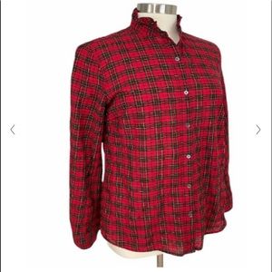 J. McLaughlin Red Plaid Ruffle Collar Button Top Size M Crinkle Cotton